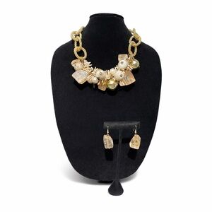 Gold Tone Chunky Statement Necklace Set Cream Beaded Bib 24” Matching Earrings